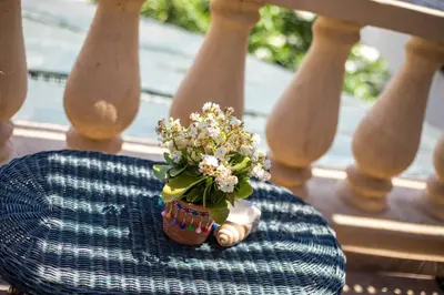 a small vase with flowers sitting on a porch at Annas Houses in Halki