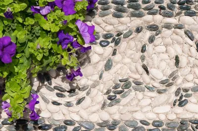 a group of purple flowers in a pot on a cobblestonestrationstrationsenal at Acropolis Lindos House in Líndos