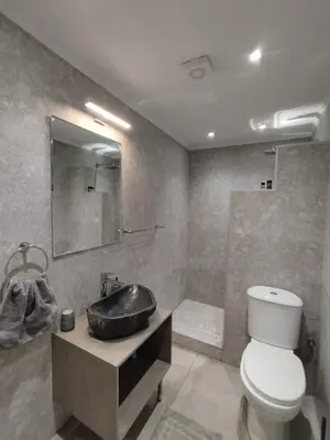 a bathroom with a sink and a toilet and a mirror at Althea Apartments 3 in Halki