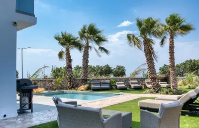 a backyard with a swimming pool with palm trees at Penélope Beachfront Villa in Kremasti