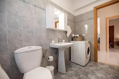 a bathroom with a white toilet and a sink at Katerina's House in Afantou