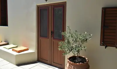 a wooden door with a potted plant in front of it at Lithos House in Monólithos