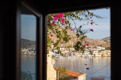 a view of a town from a window with pink flowers at EliteDIMension Chalki in Halki