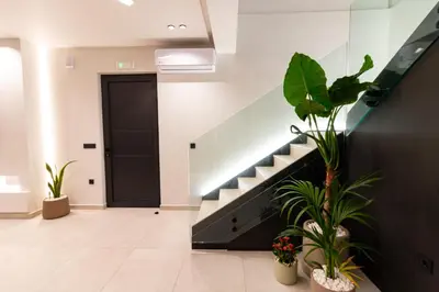 a hallway with stairs and plants and a black door at STALèA Luxury Villa in Pefki Rhodes