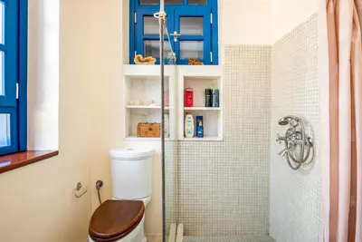 a bathroom with a toilet and a shower at Chalki Jewel in Halki