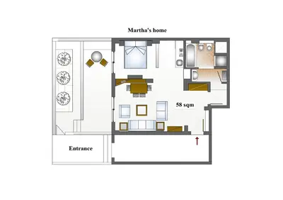 a floor plan of a house with furniture at Martha's Home in Rhodes Town
