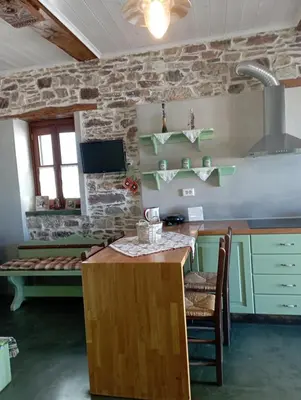 a kitchen with green cabinets and a stone wall at STONE GUESTHOUSE in Áyios Isídhoros