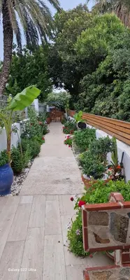 a garden with a pathway with flowers and a bench at Myrovolos luxury Angie's house in Ialyssos