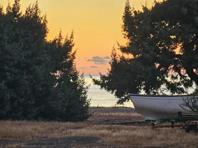 a boat sitting in a field between two trees at Pearl Villas Gennadi in Gennadi