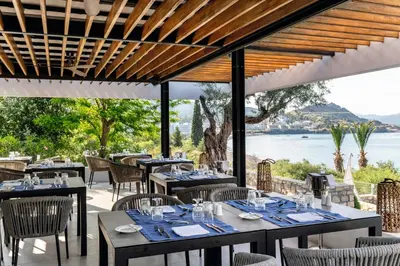 a restaurant with tables and chairs and a view of the water at Lindos Mare, Seaside Hotel in Líndos