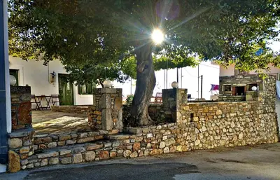 a stone retaining wall with a tree behind it at Laurel LK Houses in Kritinia Rhodes in Kritinía