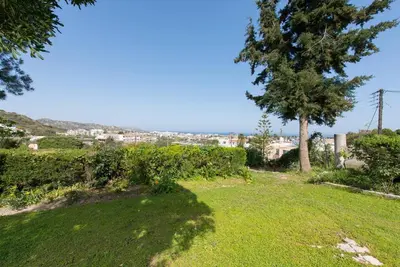a green yard with a tree and a city in the background at Garden House with sea view in Faliraki