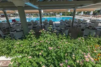 a patio with chairs and flowers in front of a pool at Apollo Beach in Faliraki