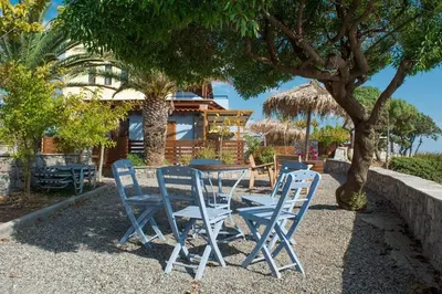 a table and chairs sitting under a tree at Paraktio Beach Apartments in Kiotari