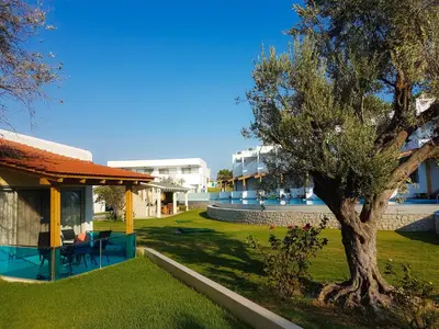 a yard with a tree and a building at Lydia Maris Resort & Spa in Kolimbia