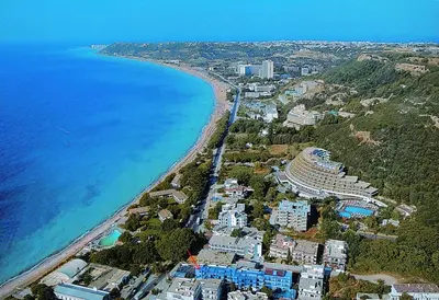 an aerial view of a beach and the ocean at Caravel Hotel Apartments in Ixia