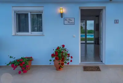 a blue house with two potted plants and a door at Posidonia Luxury Villas Kolympia in Kolimbia