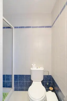 a bathroom with a toilet and a shower at Beachfront Studio Socrates in Gennadi