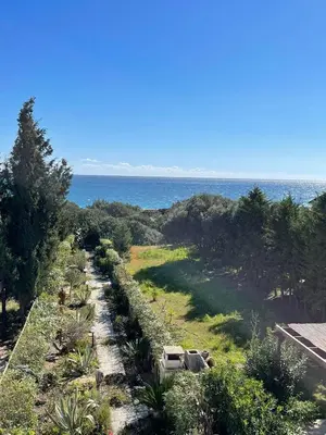 a garden with the ocean in the background at Beachfront Studio Socrates in Gennadi