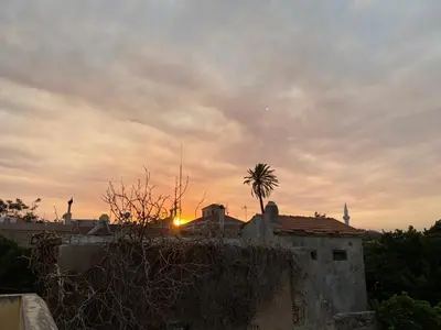 a building with a palm tree and the sunset in the background at VILLA VICTORIA OLD TOWN in Rhodes Town