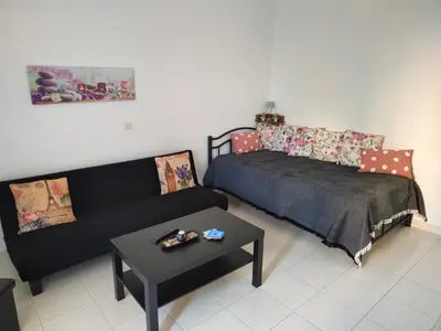 a living room with a bed and a couch at Hibiscus Green Apartments in Afantou