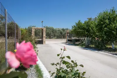 a road with a bridge and a pink flower at Serenity Sea-View Home in Afantou