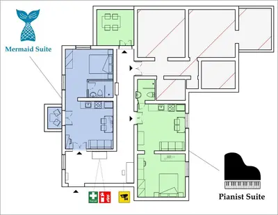 a plan of a house with internal suite at Niochori Heritage: The Pianist Suite in Rhodes Town