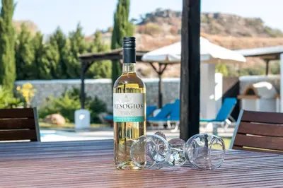 a bottle of wine sitting on a wooden table with glasses at Villa Olympos Ladiko in Kalithies