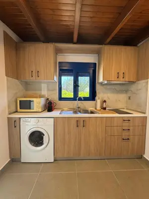 a kitchen with a washing machine and a microwave at Aleyna house Lindos area in Líndos