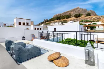 a view from the balcony of a villa at Lindos Villa Petra with Acropolis View in Líndos