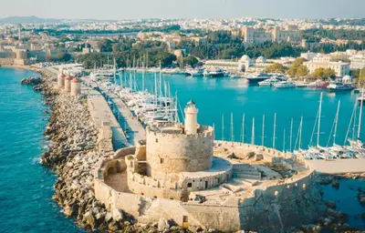 an aerial view of a harbor with boats at Niochori Heritage: The Mermaid Suite in Rhodes Town