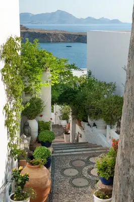 a garden with potted plants and a view of the ocean at Melenos Art Boutique Hotel in Líndos