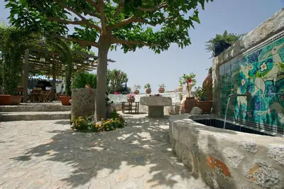 a garden with a tree and a mosaic wall at Melenos Art Boutique Hotel in Líndos