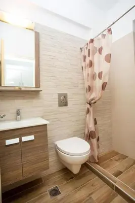 a bathroom with a toilet and a sink and a shower curtain at Nitsa Studio in Faliraki