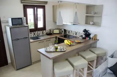 a kitchen with a counter with a sink and a refrigerator at Helen Superior Suite in Líndos