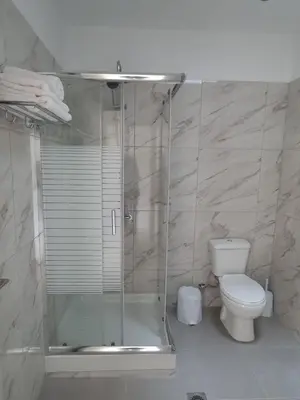 a bathroom with a shower and a toilet at Ma Maison Bleue in Kremasti