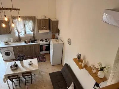 a kitchen with a white refrigerator and a table at Irene’s house in Koskinou