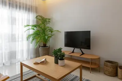a living room with a tv and a table with plants at Stylish Rhodes Apartment with Prime Location - L & C City Escape in Rhodes Town