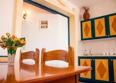 a kitchen with a table with chairs and a vase of flowers at Limanaki Seafront Apartments in Faliraki