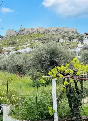 a view of a hill with a castle in the background at Cute & sweet home in Archangelos