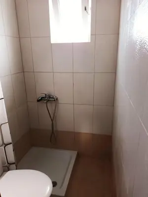 a bathroom with a shower with a toilet and a window at IRINIS HOUSES in Rhodes Town