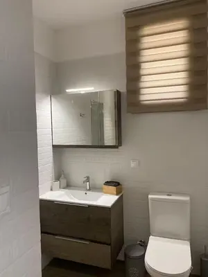 a bathroom with a sink and a toilet and a mirror at Filoxenia Apartment in Asgourou