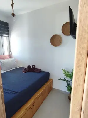 a bedroom with a bed with a blue blanket and a plant at Kalokairini Avra in Archangelos