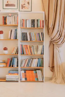 a book shelf filled with books next to a window at Propodes Luxury Villa in Pastida