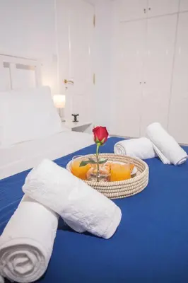 a hotel room with a tray of food and a flower at Villa Cervus Dianae in Kallithea Rhodes