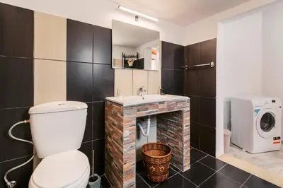 a bathroom with a toilet and a brick fireplace at Olympia's Cozy Guesthouse in Psinthos