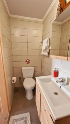 a bathroom with a toilet and a sink at Seva Monolithos house in Monólithos