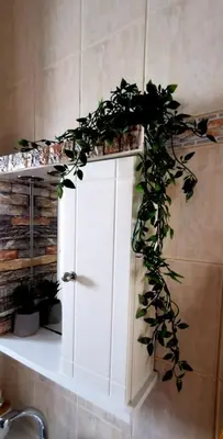 a white cabinet with a plant on top of it at Giotouli Apartment in Afantou