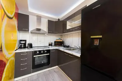 a kitchen with a black refrigerator and a sink at GR House Eleftheria in Afantou