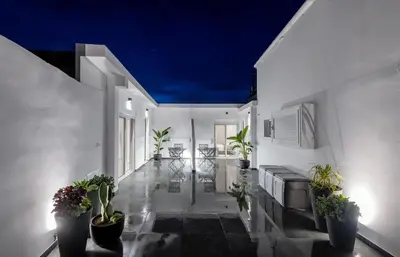 a living room with potted plants in a house at Sunwaves Beach studio I in Ialyssos